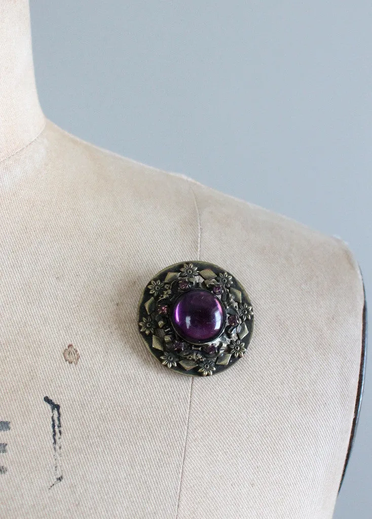 Vintage 1930s Brass and Plum Roundel Brooch