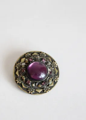 Vintage 1930s Brass and Plum Roundel Brooch