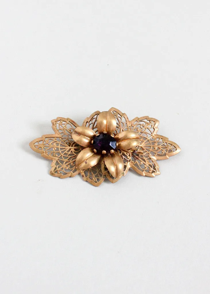 Vintage 1940s Floral Brass and Purple Glass Brooch