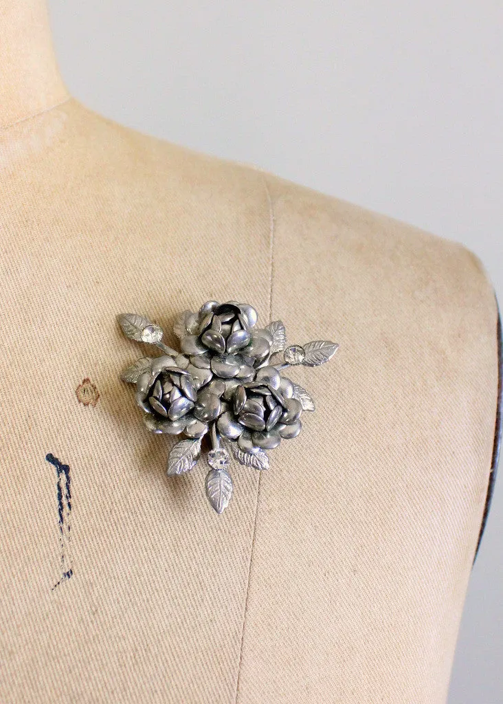 Vintage 1950s Roses and Rhinestones Brooch Pendant