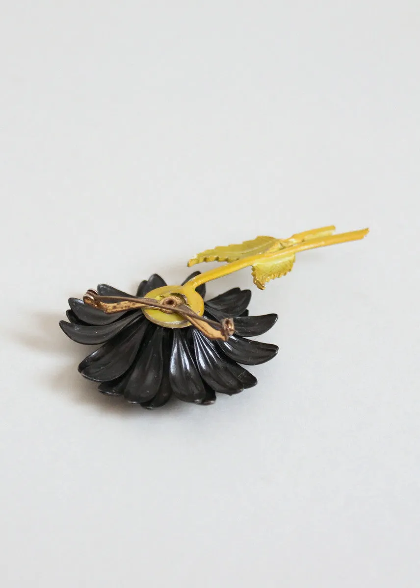 Vintage 1960s MOD Enamel Black Flower Brooch