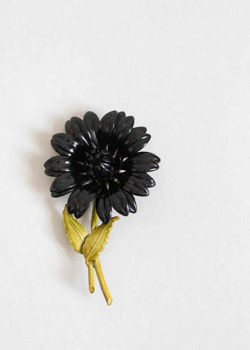 Vintage 1960s MOD Enamel Black Flower Brooch