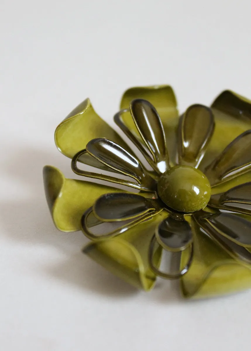 Vintage 1960s MOD Green Enamel Flower Brooch