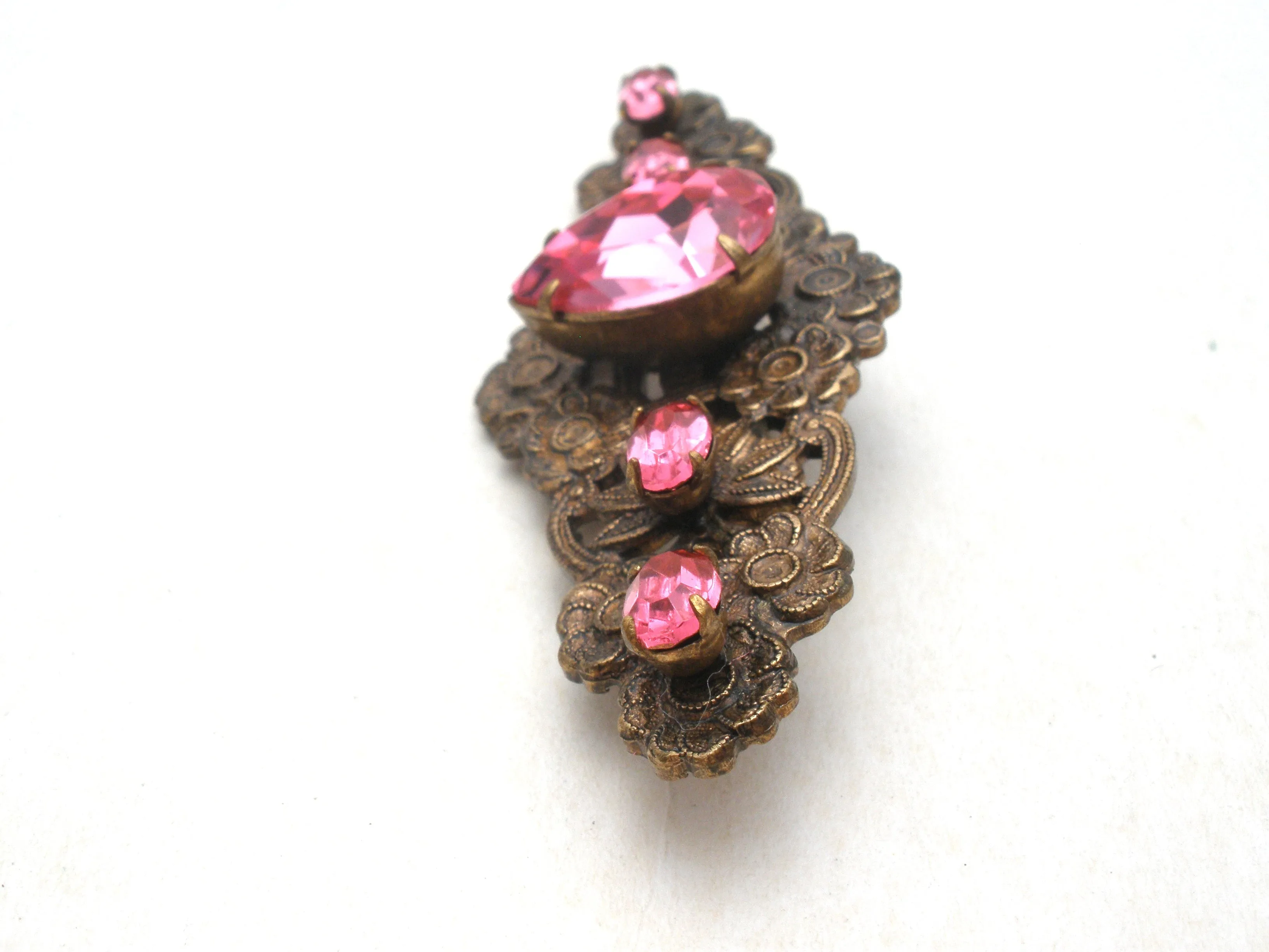 Vintage Brass Flower Brooch Pin With Pink Rhinestones