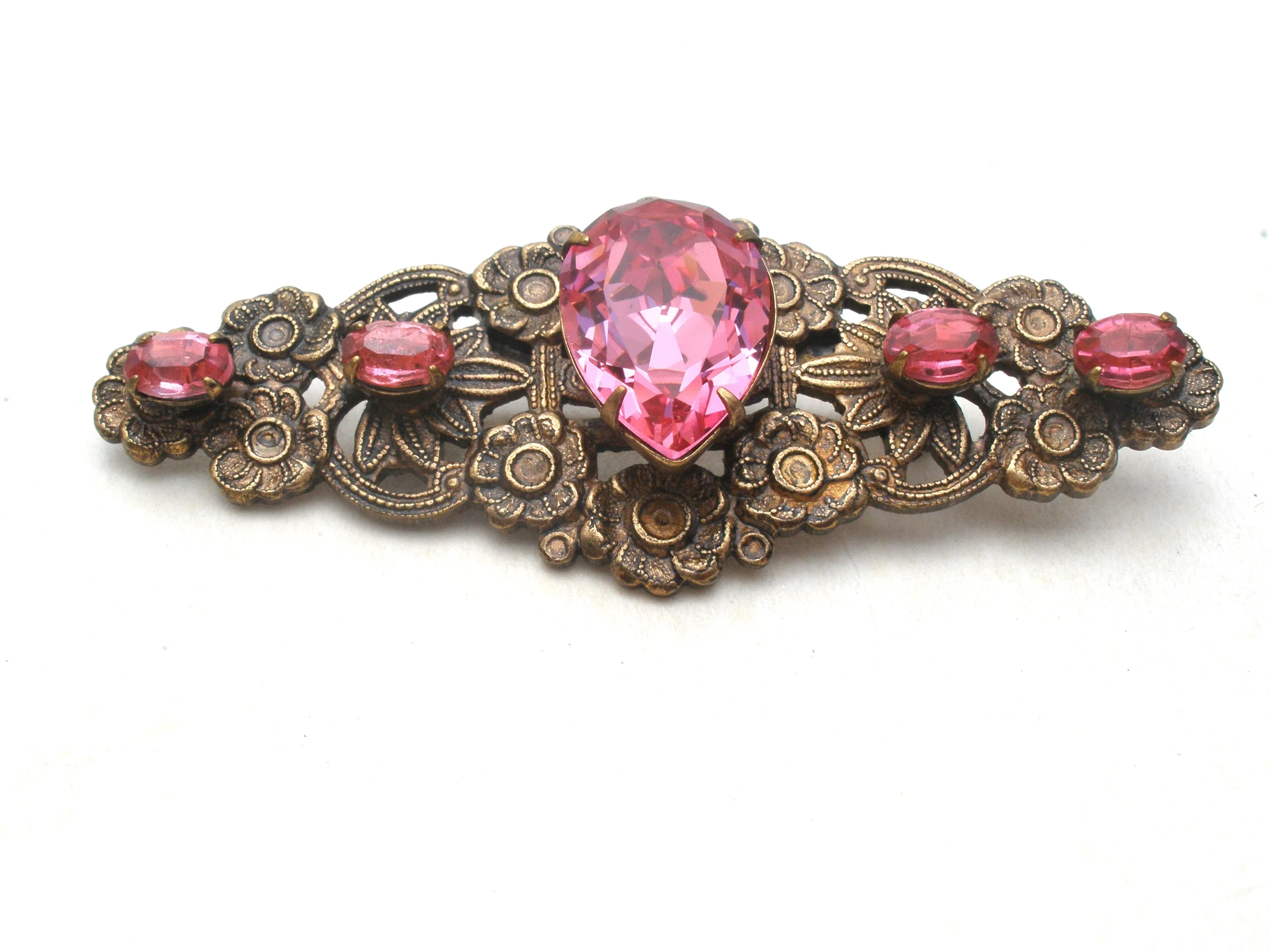 Vintage Brass Flower Brooch Pin With Pink Rhinestones