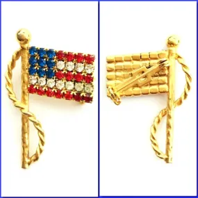 Vintage Rhinestone Studded 4th of July American Flag Lapel Brooch