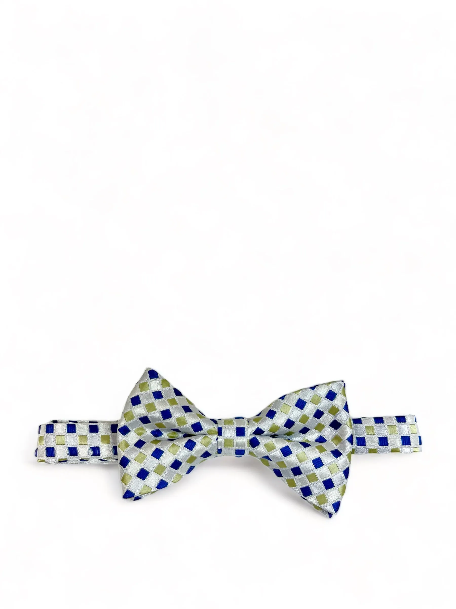 White with Blue and Green Bow Tie and Pocket Square