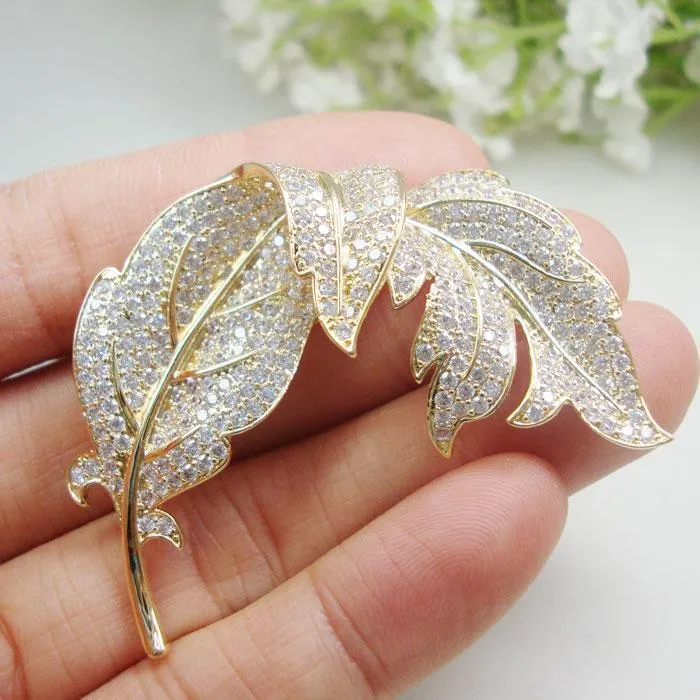 Woman's Clear Zircon Crystal Leaf Gold Tone Brooch