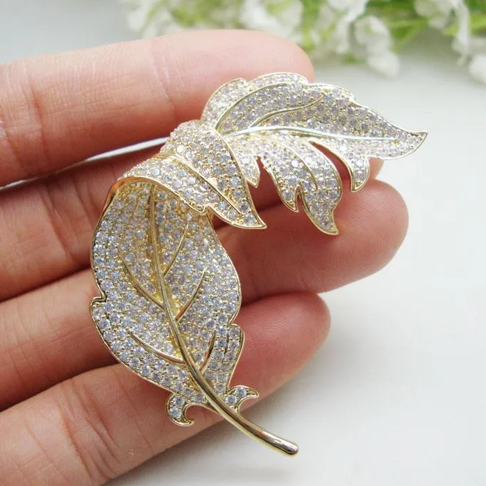 Woman's Clear Zircon Crystal Leaf Gold Tone Brooch